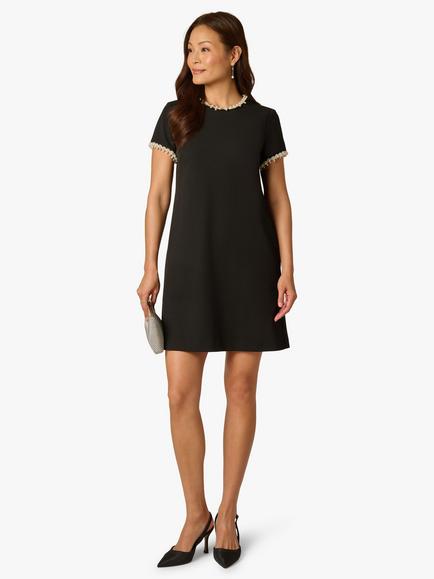 Adrianna Papell Faux Pearl Trim Crepe Dress, Black/Ivory - view 2, Black/Ivory
