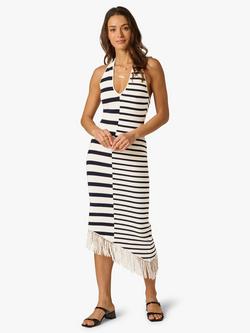 Adrianna By Adrianna Papell Sweater Knit Striped Asymmetrical Midi Dress, White/Navy, White/Navy