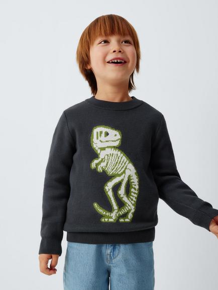 John Lewis Kids' Dino Skeleton Jumper, Charcoal, Charcoal