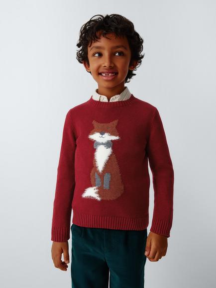 John Lewis Heirloom Collection Kids' with Cashmere Fuzzy Fox Jumper, Cabernet, Cabernet