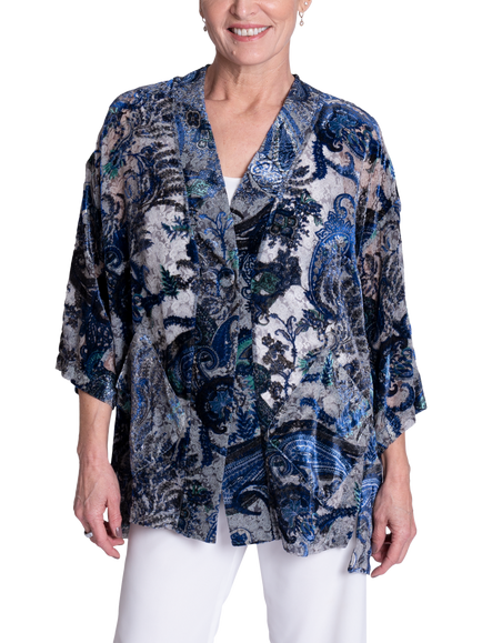chesca Paisley Velvet Devoree Kimono Jacket, Cobalt/Pewter, Cobalt/Pewter