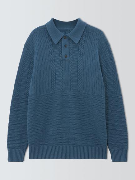 John Lewis Cotton Fisherman Knit Polo Top, Dark Indigo, Dark Indigo