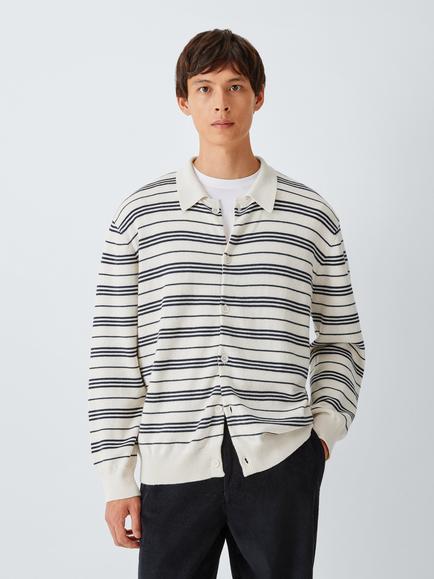 John Lewis Merino Wool Cotton Blend Stripe Button Long Sleeve Polo Top, Cream  / Navy, Cream  / Navy