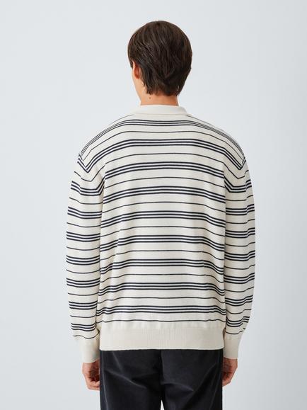John Lewis Merino Wool Cotton Blend Stripe Button Long Sleeve Polo Top, Cream  / Navy - view 2, Cream  / Navy