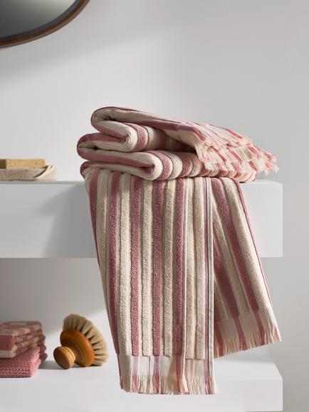 John Lewis Striped Fringed Towels - view 2, Old Rose