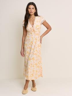 Nobody's Child Aida Short Sleeve Floral Print Midi Dress, White/Orange, White/Orange