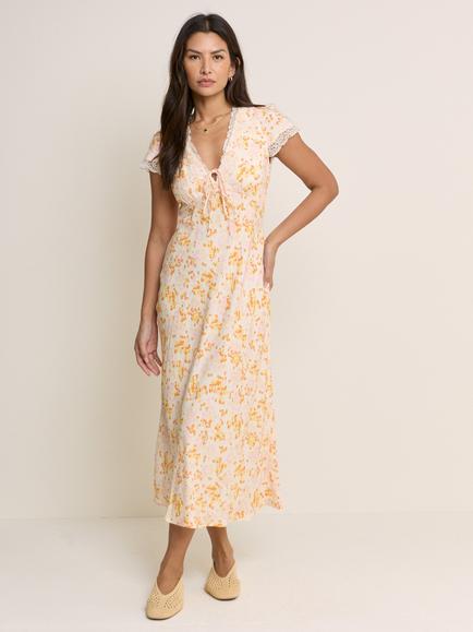Nobody's Child Aida Short Sleeve Floral Print Midi Dress, White/Orange, White/Orange