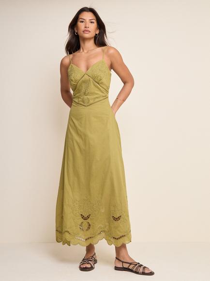 Nobody's Child Brooke Cotton Cutwork Embroidered Midi Dress, Khaki, Khaki