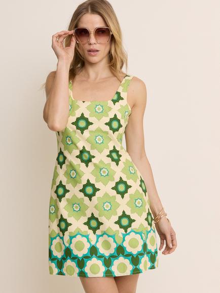 Nobody's Child Connie Geometric Flora Print Cotton Blend Shift Dress, Green, Green