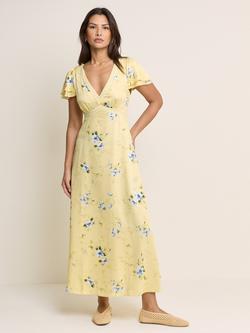 Nobody's Child Iris Short Sleeve Floral Print Midi Dress, Yellow/Blue, Yellow/Blue