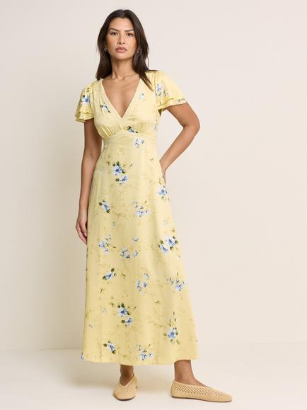 Nobody's Child Iris Short Sleeve Floral Print Midi Dress, Yellow/Blue, Yellow/Blue