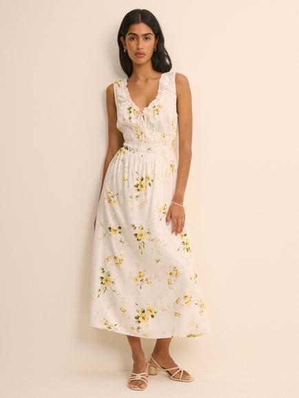 Nobody's Child Isabella Scoop Neck Floral Midi Dress, White/Yellow, White/Yellow