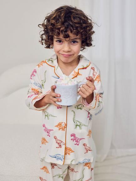 Chelsea Peers Kids' Dinosaur Print Button Down Long Pyjama Set, Off White, Off White
