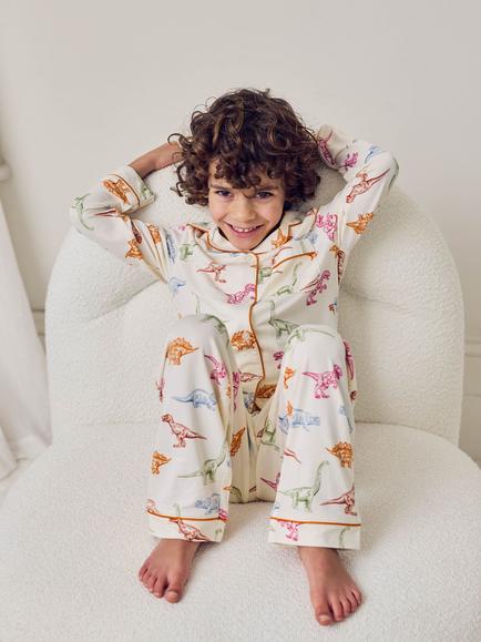 Chelsea Peers Kids' Dinosaur Print Button Down Long Pyjama Set, Off White - view 2, Off White