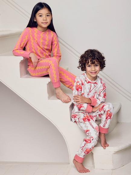 Chelsea Peers Kids' Sunset Wavy Stripe/Flamingo Stripe Print Long Pyjama Set, Pack of 2, Pink, Pink
