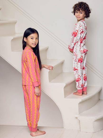 Chelsea Peers Kids' Sunset Wavy Stripe/Flamingo Stripe Print Long Pyjama Set, Pack of 2, Pink - view 2, Pink