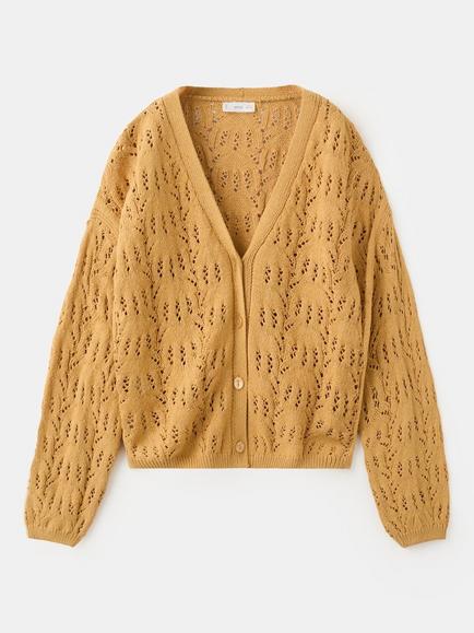Mango Kids' Openwork Knit Cardigan, Mustard, Mustard