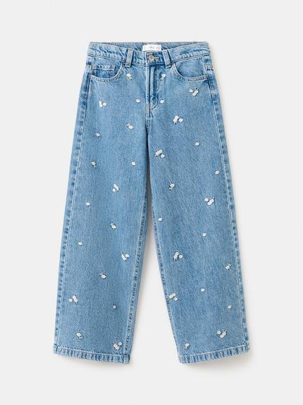 Mango Kids' Floral Embroidery Wide Leg Jeans, Mid Blue, Mid Blue