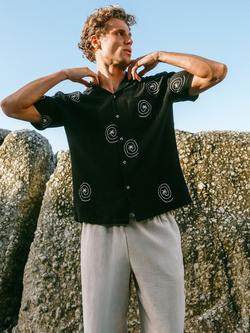 Chelsea Peers Cotton Cheesecloth Embroidered Palm Loop Short Sleeve Shirt, Black, Black