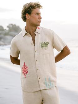 Chelsea Peers Linen Blend Embroidered Geometric Print Short Sleeve Shirt, Off White, Off White