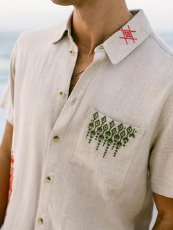 Chelsea Peers Linen Blend Embroidered Geometric Print Short Sleeve Shirt, Off White - view 2, Off White