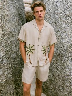 Chelsea Peers Linen Blend Embroidered Palm Short Sleeve Shirt, Off White, Off White