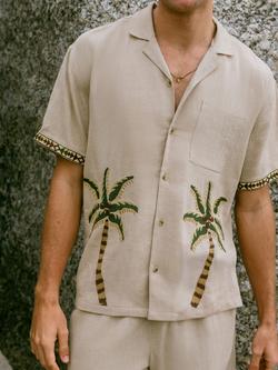 Chelsea Peers Linen Blend Embroidered Palm Short Sleeve Shirt, Off White - view 2, Off White