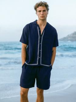Chelsea Peers Linen Blend Embroidered Riviera Short Sleeve Shirt, Navy, Navy