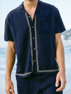 Chelsea Peers Linen Blend Embroidered Riviera Short Sleeve Shirt, Navy - view 2, Navy