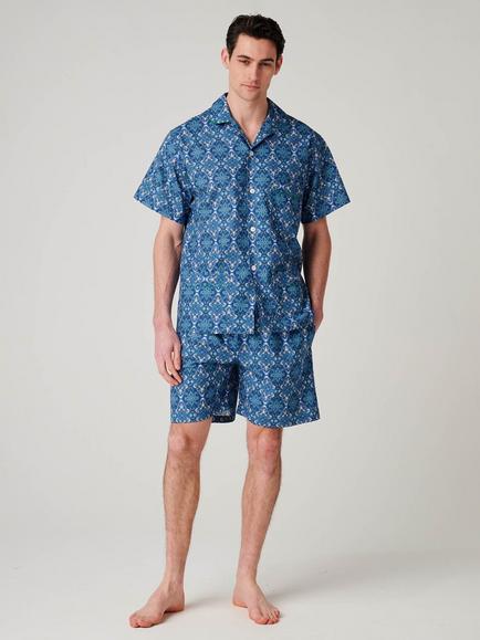 British Boxers Marra Paisley Cotton Short Pyjama Set, Blue/Multi, Blue/Multi