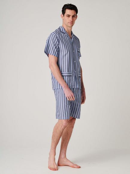 British Boxers Stripe Cotton Short Pyjama Set, Navy/Multi - view 2, Navy/Multi