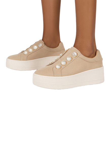 Carvela Connected Suede Pearl Chunky Laceless Trainers, Beige - view 2, Beige