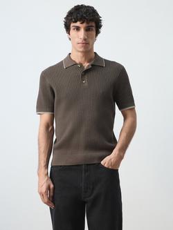Mango Cotton Blend Regular Fit Short Sleeve Knitted Polo Shirt, Chocolate, Chocolate