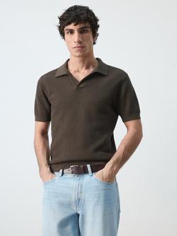 Mango Cotton Regular Fit Short Sleeve Knitted Polo Shirt, Chocolate