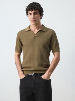 Mango Cotton Regular Fit Short Sleeve Knitted Polo Shirt, Khaki