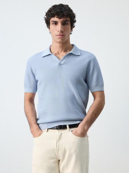 Mango Cotton Regular Fit Short Sleeve Knitted Polo Shirt, Sky Blue