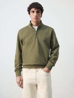 Mango Sudadera Cotton Quarter-Zip Sweatshirt, Dark Green