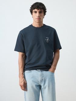 Mango Cotton Regular Fit Short Sleeve Embroidered T-Shirt, Navy, Navy