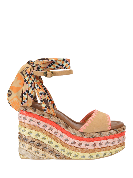 Kurt Geiger London Chelsea Scarf Suede Wedge Sandals, Yellow Multi, Yellow Multi