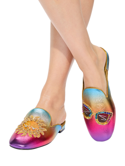 Kurt Geiger London Leather Embroidered Mule Slippers, Multi - view 2, Multi