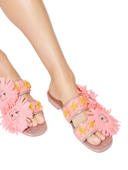 Kurt Geiger London Raffia Buckle Flat Sandals, Pink Multi - view 2, Pink Multi