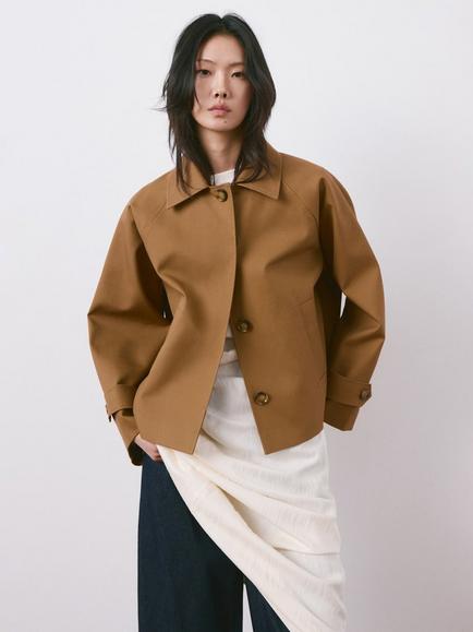 Mango Button Front Boxy Cropped Jacket, Camel, Camel