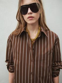Mango Camisa Stripe Relaxed Fit Shirt, Brown, Brown