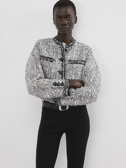 Mango Frayed Edge Cropped Tweed Jacket, Black, Black