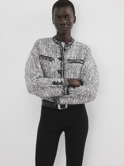 Mango Frayed Edge Cropped Tweed Jacket, Black, Black