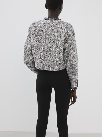 Mango Frayed Edge Cropped Tweed Jacket, Black - view 2, Black