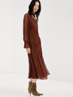 Mango High Neck Pleated Midi Dress, Chocolate, Chocolate