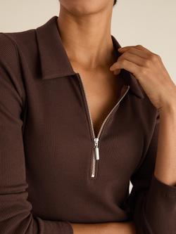 Baukjen Zip Collar Ribbed Top, Chocolate - view 2, Chocolate