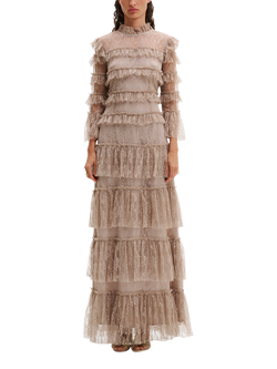 Malina Carmine Lace Tiered Maxi Dress, Greige, Greige