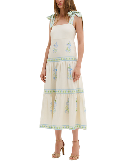 Malina Stefania Linen Rich Floral Midi Dress, Vanilla/Multi, Vanilla/Multi